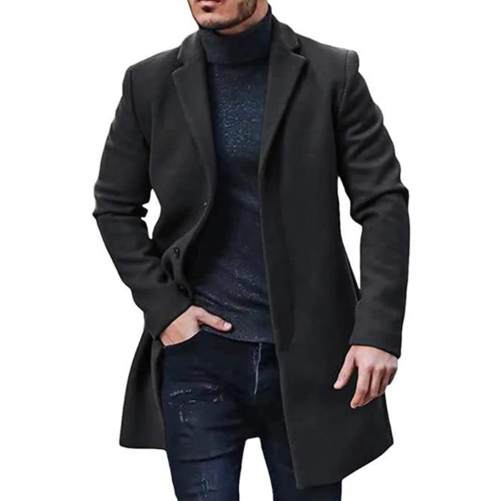 Winter New Men Woolen Coat Casual Fashion Lapel Single Breasted Youth Style Coat Men's Mid-length Slim Long Sleeve Woolen Jacket 1